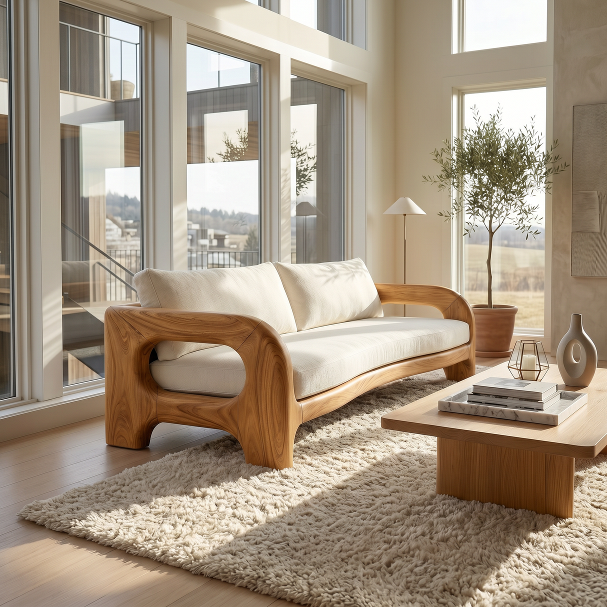 Contemporary Solid Wood Sofa With Architectural Frame For Modern Home