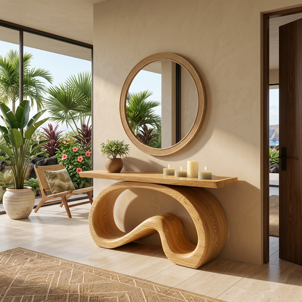 Artistic Wooden Console Table With Flowing Wood Base For Living