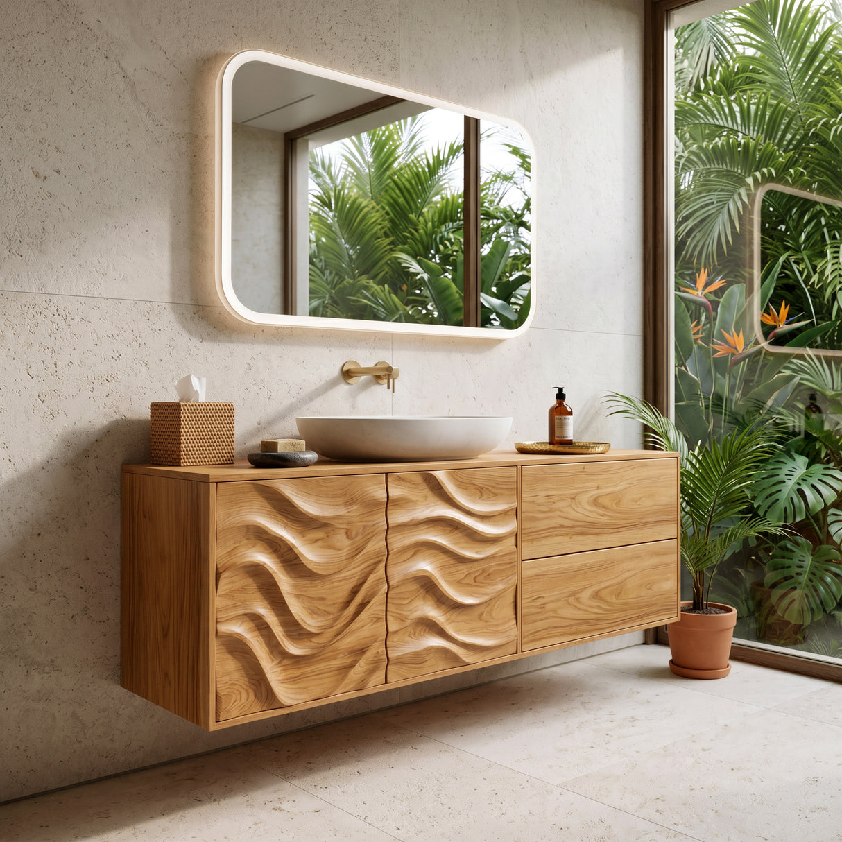 Modern Wave Carved Floating Bathroom Vanity For Master Bathroom