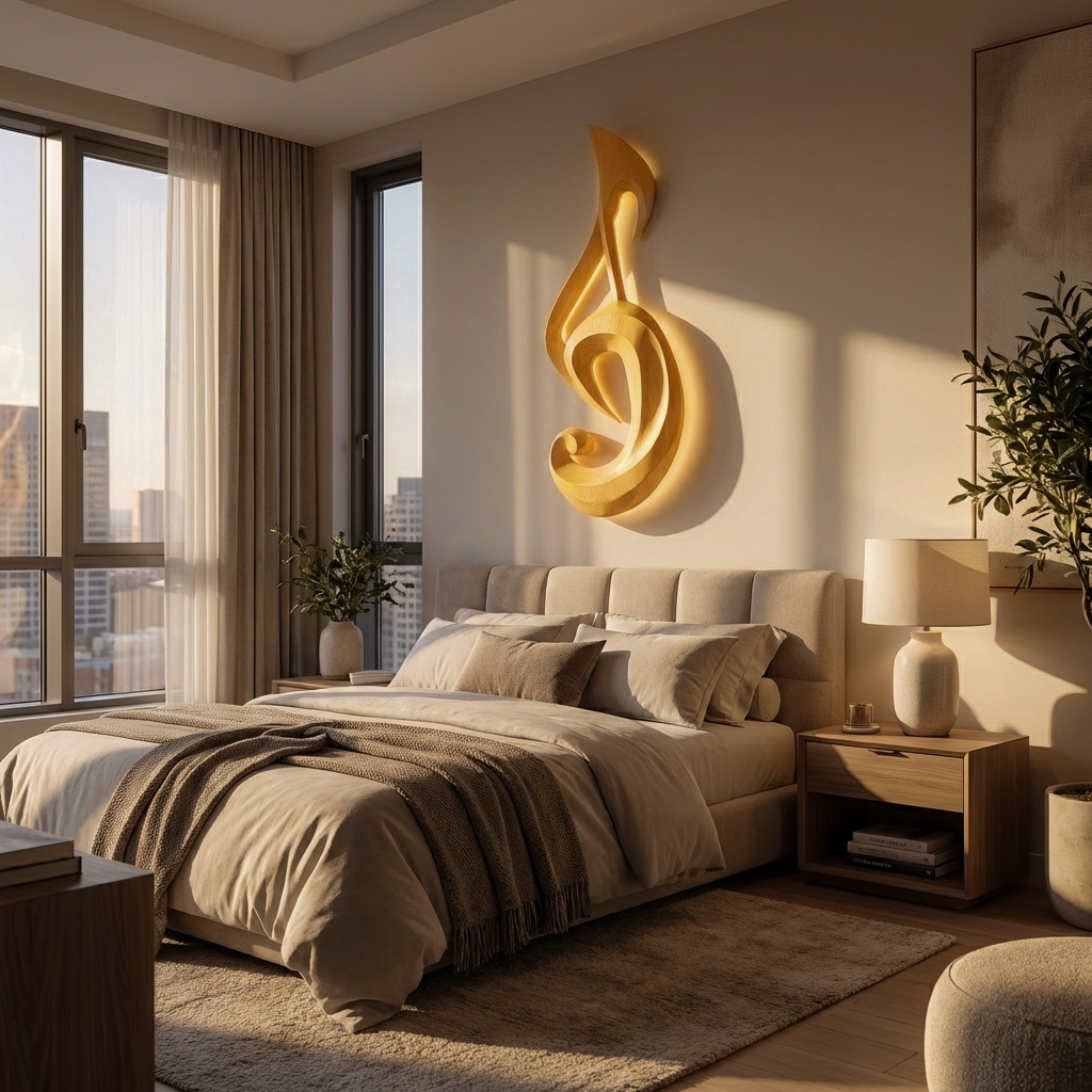 Artistic Wood Wall Art With Carving Musical Notes For Bedroom