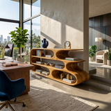 Modern Bookshelf With Sculptural Curves For Living Room Interior