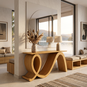 Modern Wooden Console Table Flowing Loop Base Design For Interior