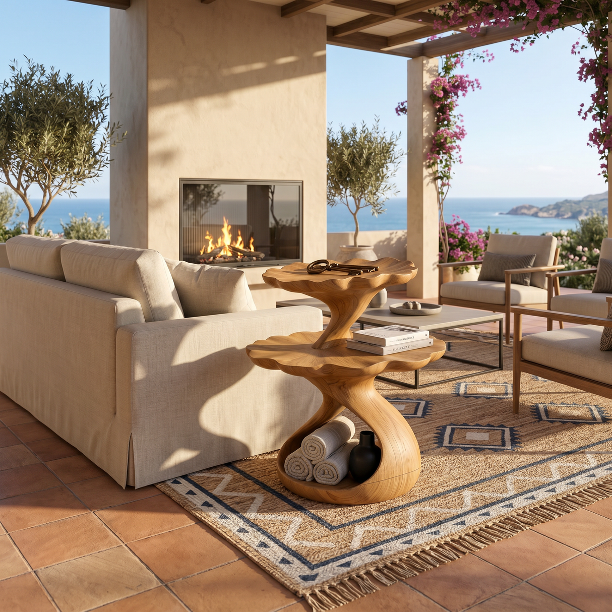 Mediterranean Two Tier Side Table Courtyard Living Room