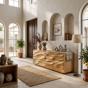 Minimalist Wooden Wave Carved Sideboard For Home