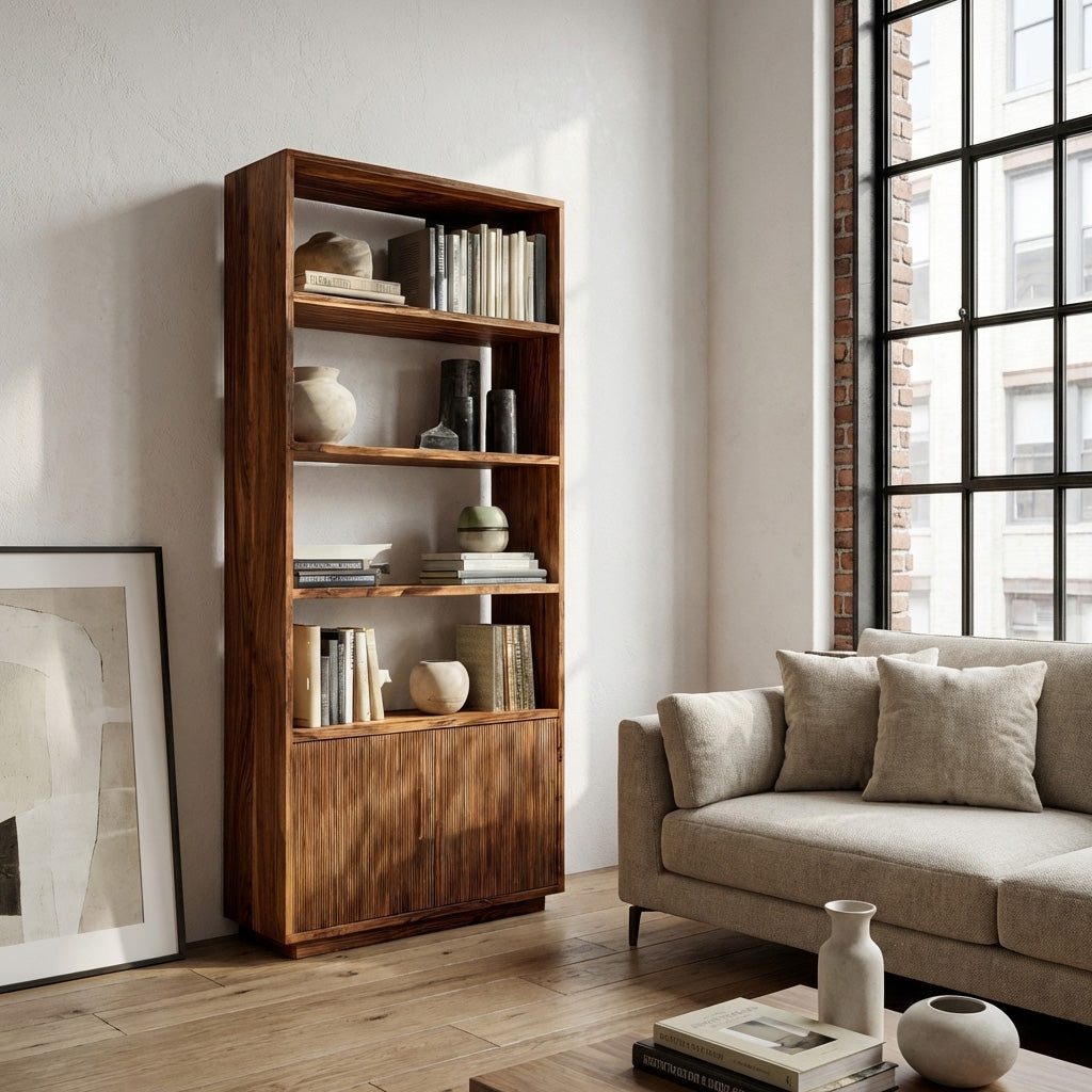 Minimal Wooden Bookcase For Coastal Living Room