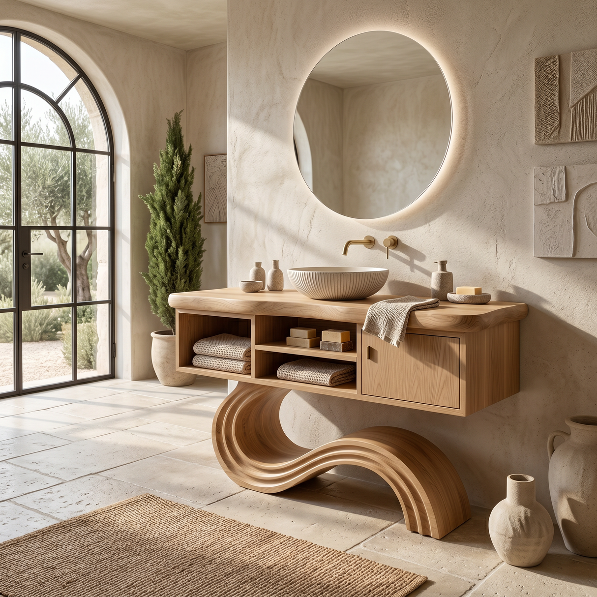 Modern Curved Vanity With Open Storage For Bathroom