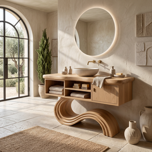 Modern Curved Vanity With Open Storage For Bathroom