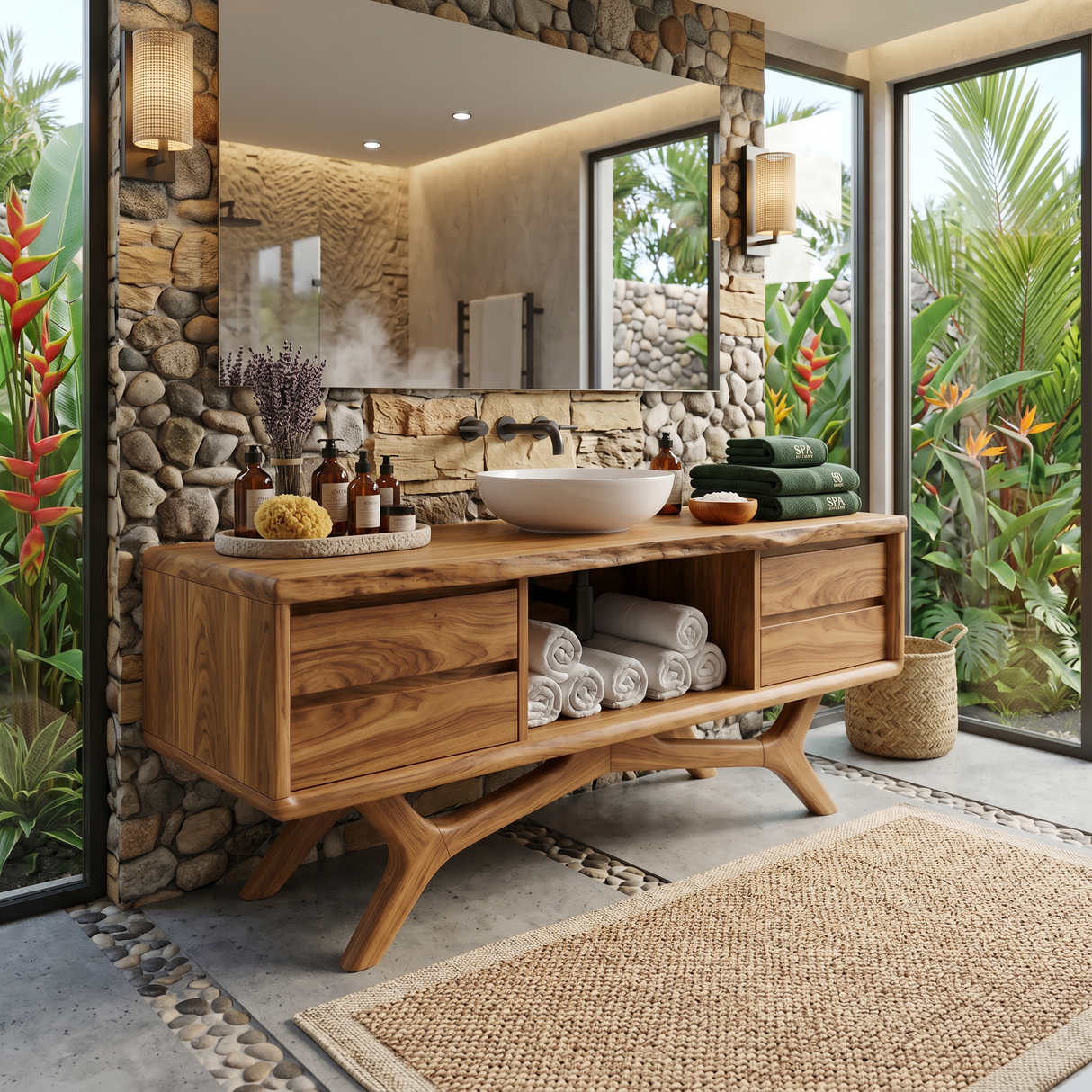 Warm Wood Vanity Cabinet With Storage Spa Bathroom