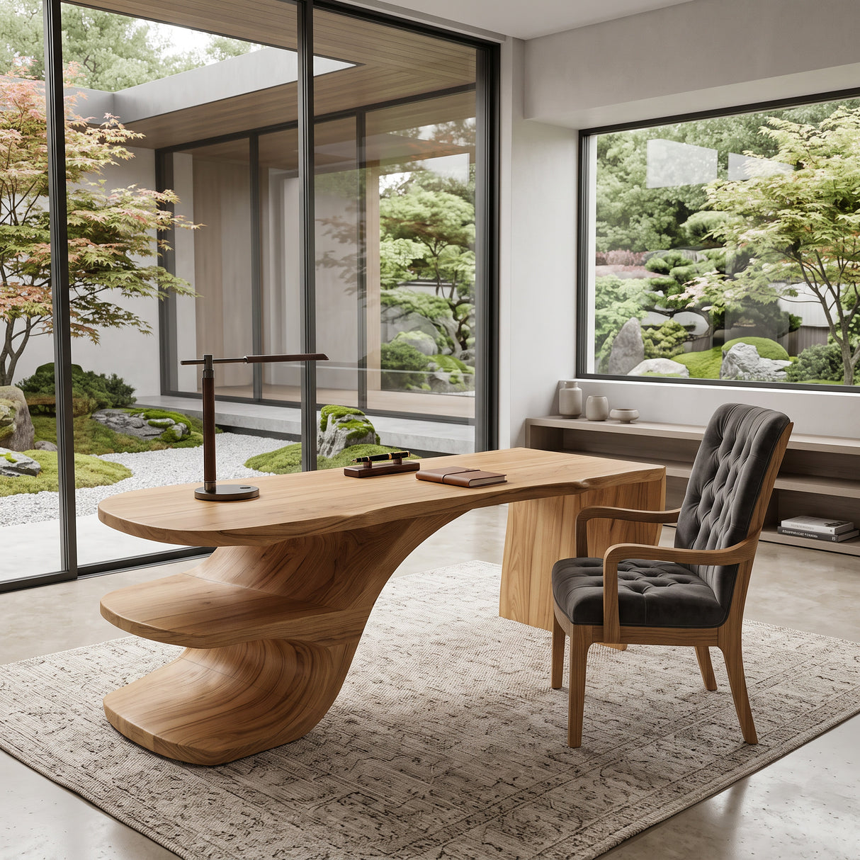 Sculptural Desk With Built-in Shelf For Home Office