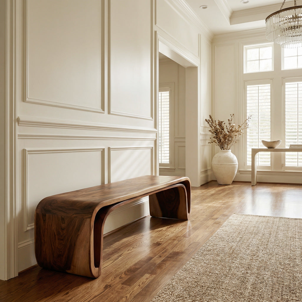 Organic Wood Bench With Unique Curved For Hallway