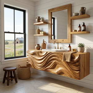 Modern Bathroom Vanity With Ocean Wave Carved Wood Cabinet For Home