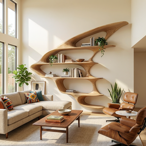 Wooden Floating Bookshelf Unique Design For Living Room Wall