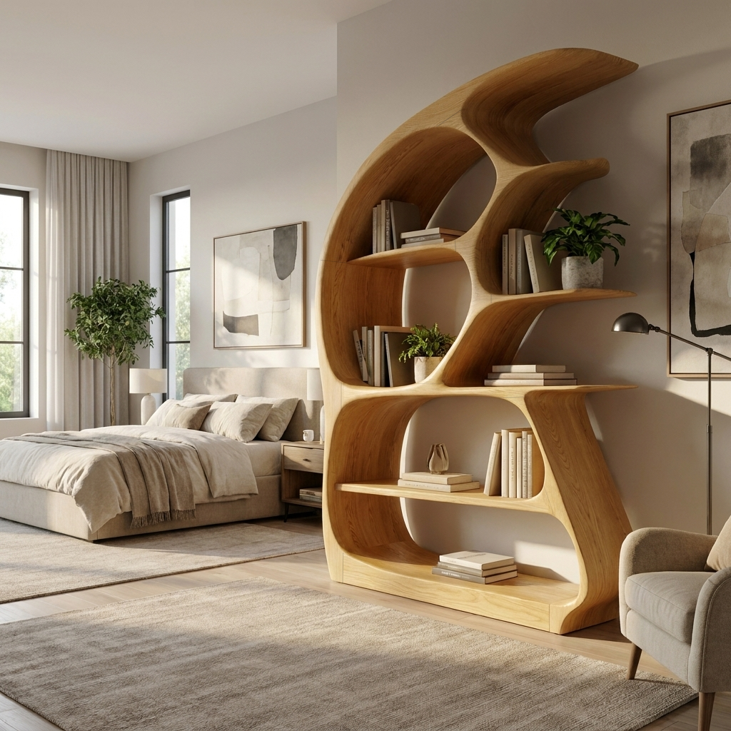 Contemporary Sculptural Wood Bookshelf For Living Room Decor