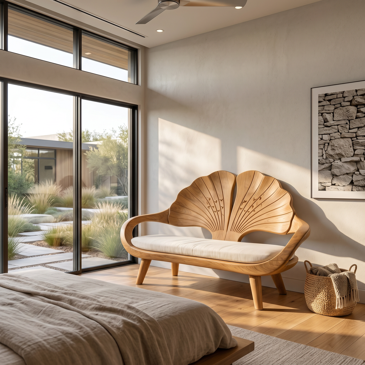 Minimalist Ginkgo Leaf Back Bench For Reading Interior Area