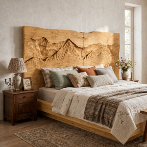 Rustic Mountain Relief Wood Headboard For Luxury Bedroom Interior