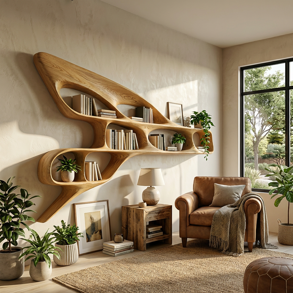 Organic Wooden Wall Bookshelf For Luxury Interior