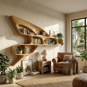 Organic Wooden Wall Bookshelf For Luxury Interior