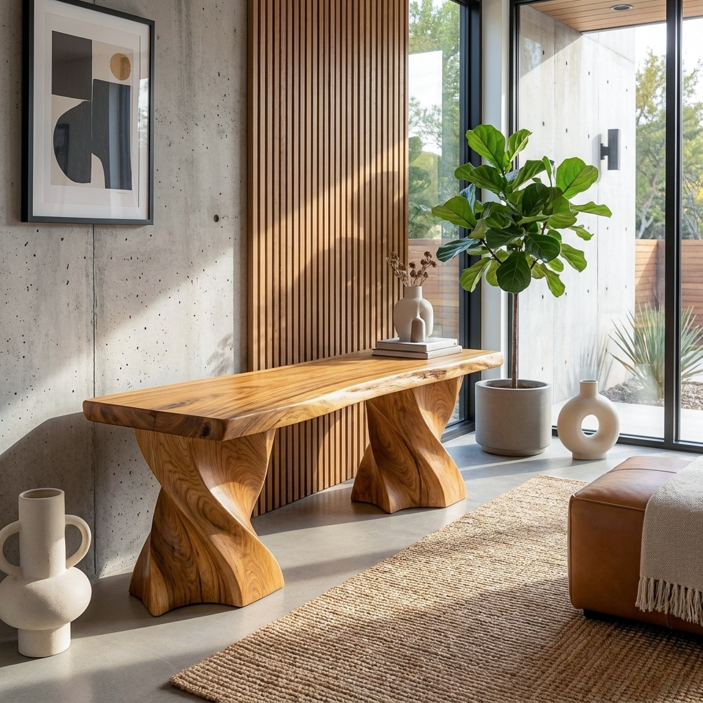 Contemporary Wooden Bench With Twisted Base For Home Living