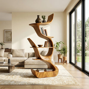 Contemporary Organic Wooden Bookshelf For Living Room Corner