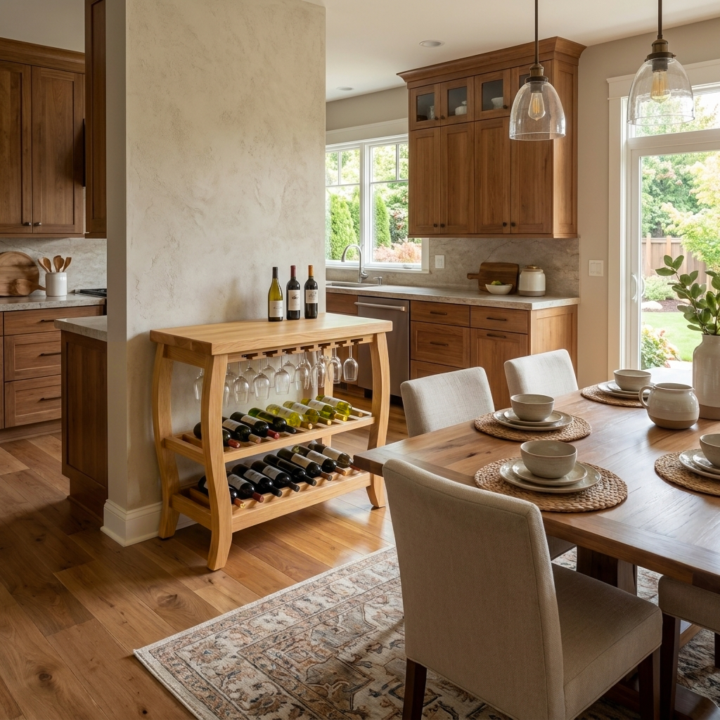 Sculptural Wooden Wine Cabinet With Glass Rack For Island Decor