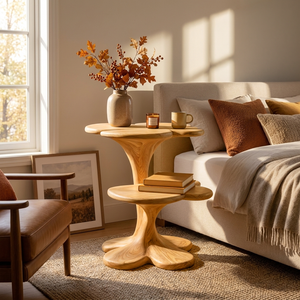 Artistic Wooden Nightstand With Sculptural Multi Tier For Bedroom