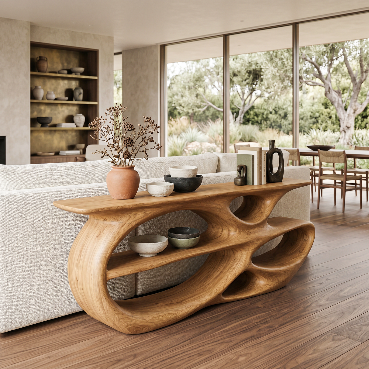 Modern Wooden Console Table With Organic Open Shelves For Entryway