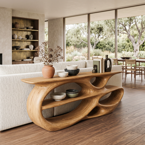 Modern Wooden Console Table With Organic Open Shelves For Entryway