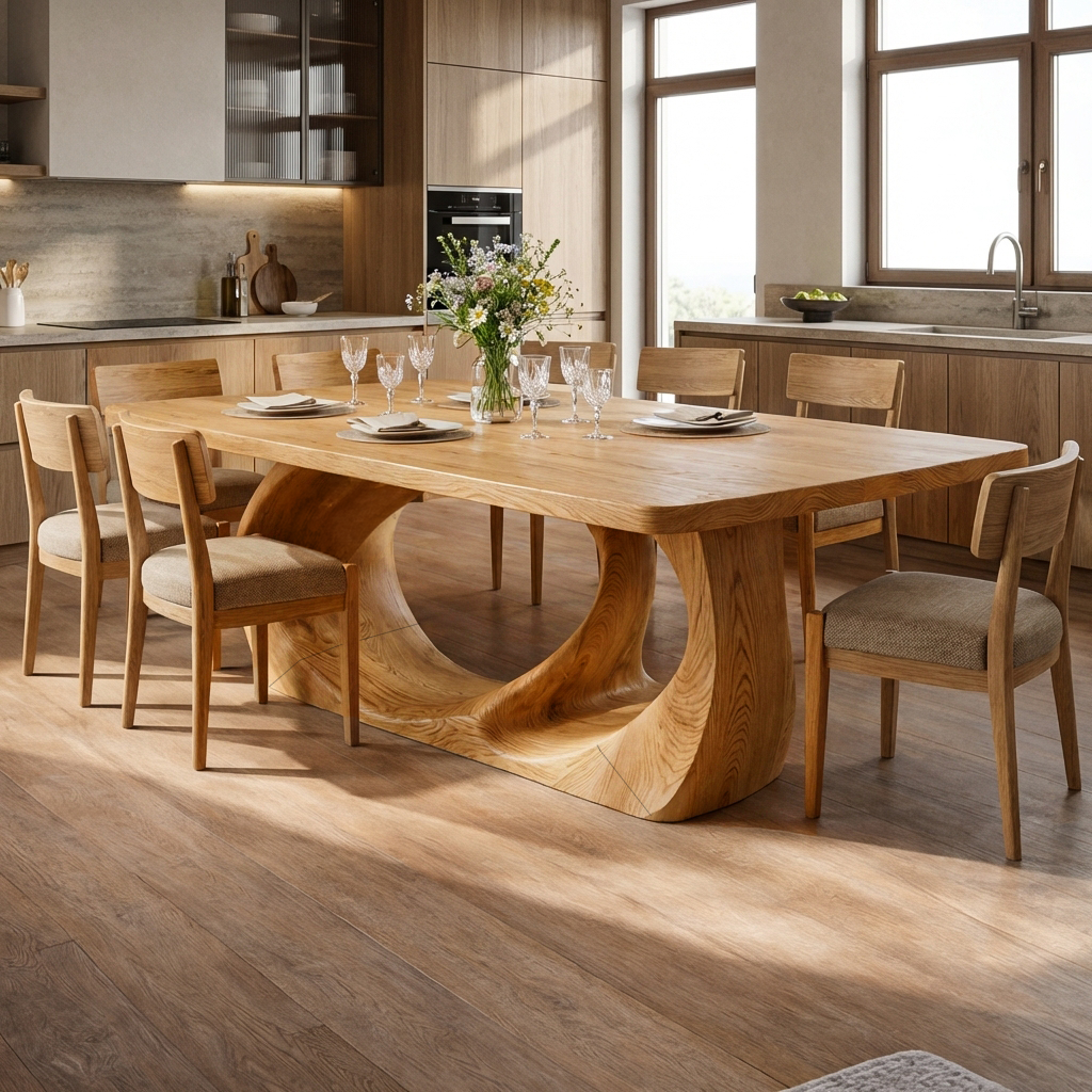 Wooden Dining Table With Artistic Base For Dining Room