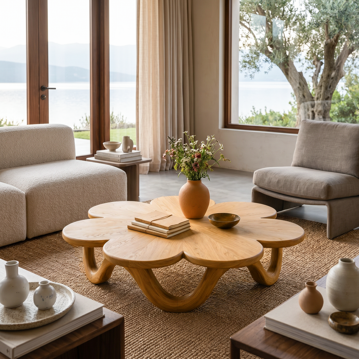 Floral Coffee Table With Sculptural Base For Modern Interior
