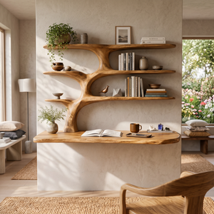 Wooden Wall Mounted Desk With Multi Shelves For Study Room