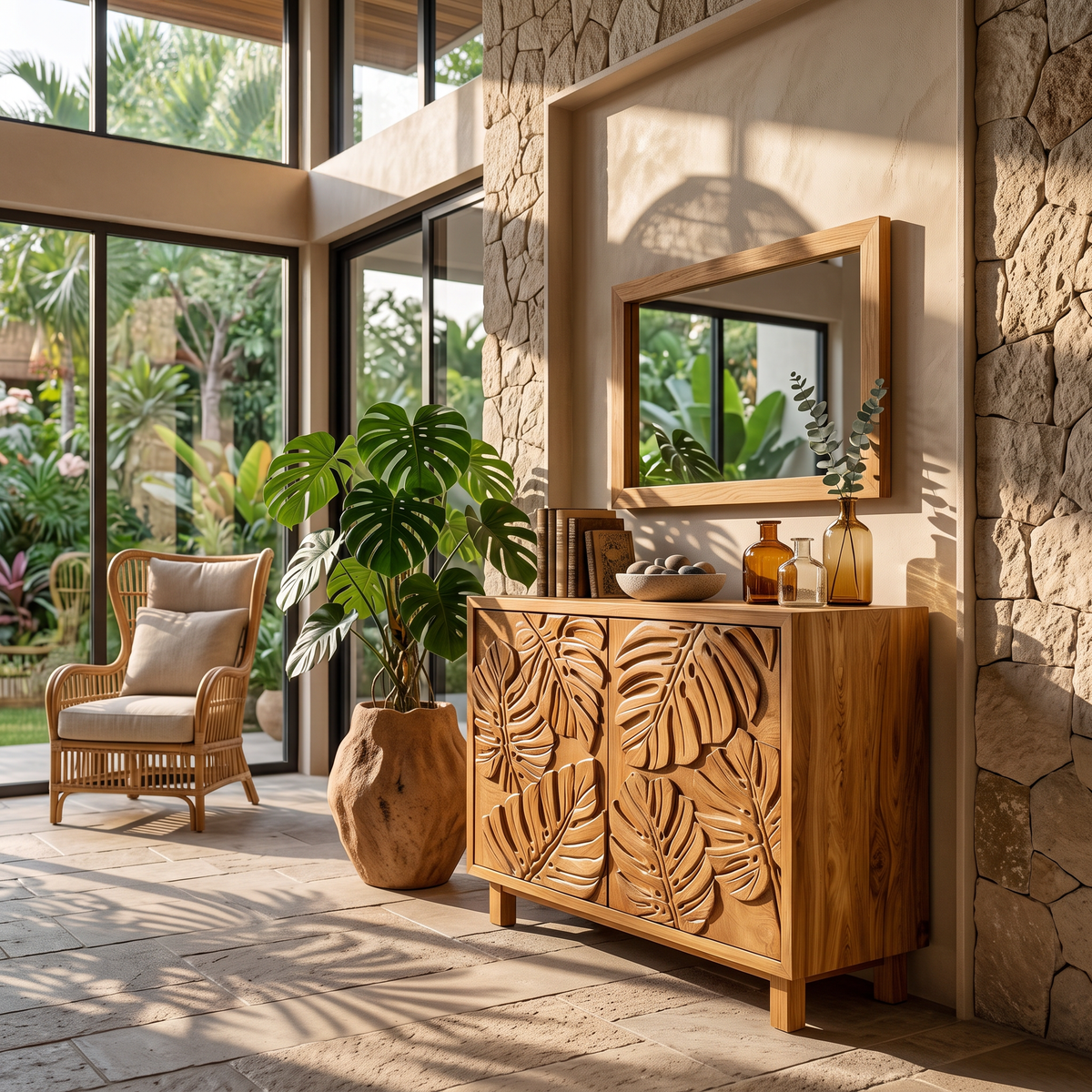 Modern Wooden Sideboard With Leaf Carved Doors For Home