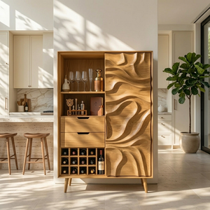 Sculptural Bar Cabinet With Wave Carved Doors For Kitchen
