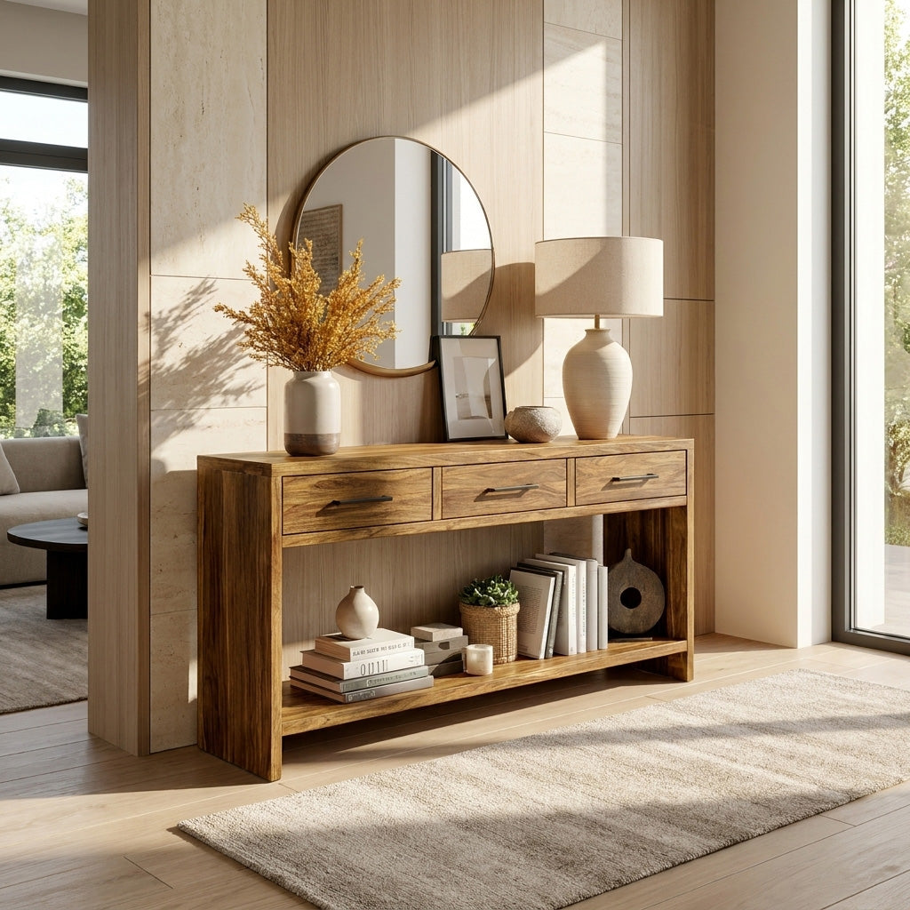 Handcrafted Wooden Console Table With Drawers For Living Room