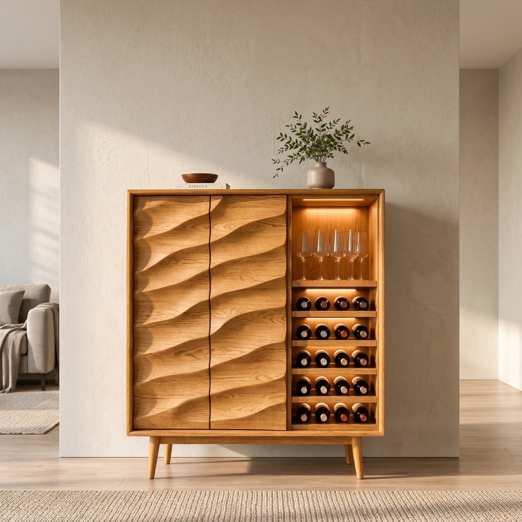 Modern Wine Cabinet With Wave Carved Doors For Kitchen Area