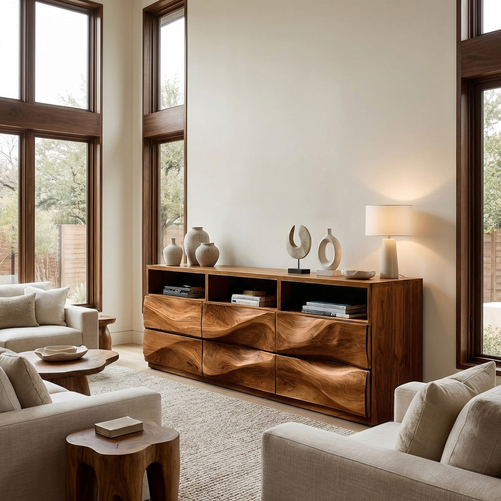 Contemporary Wooden Sideboard With Open Display Shelf For Interior