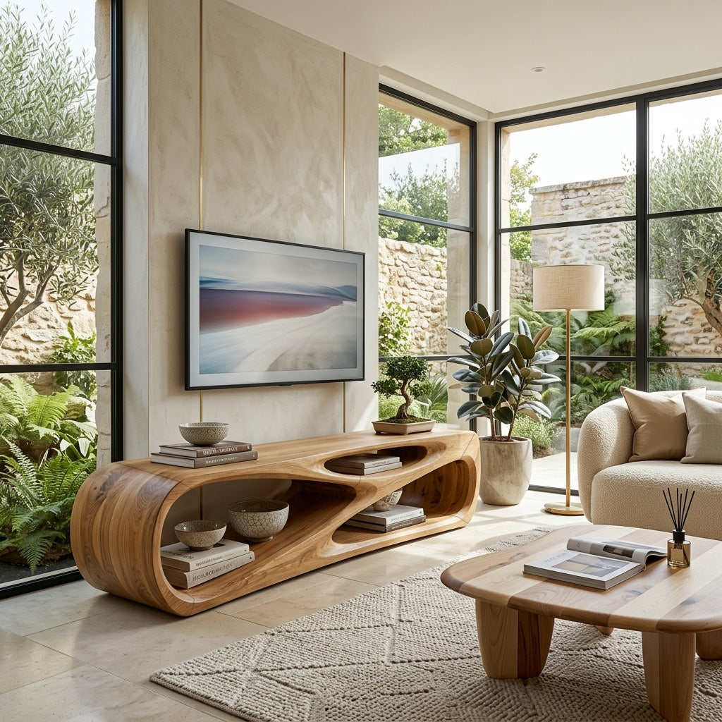Contemporary Natural Wood Media Console For Living Room Decor