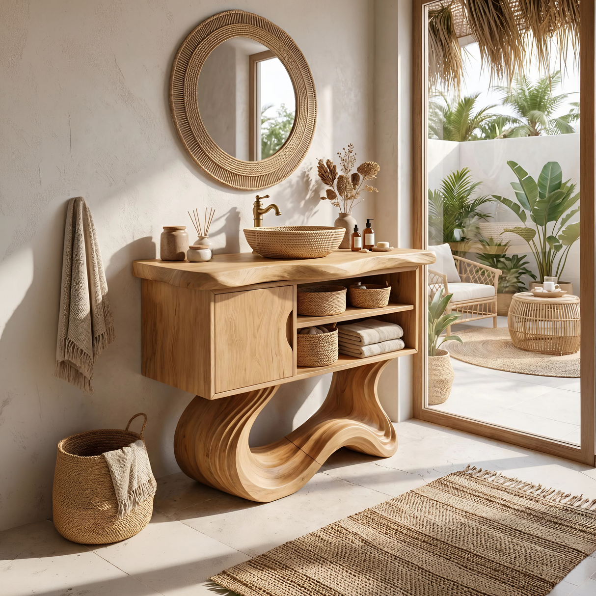 Scandinavian Carved Vanity With Display Shelf For Interior