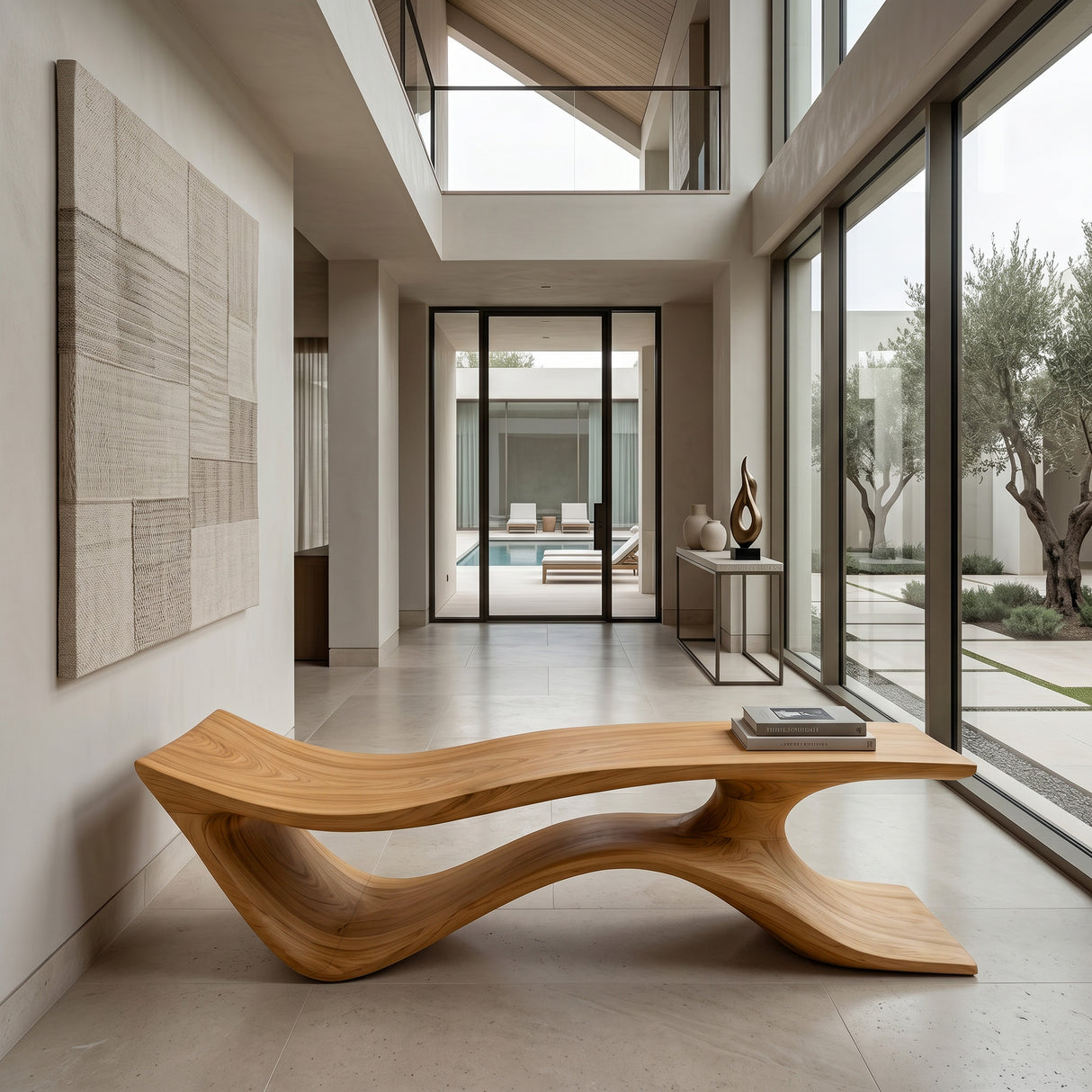 Contemporary Curved Wooden Bench For Corner Living Room