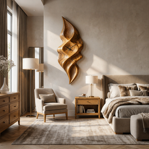 Contemporary Wood Wall Clock With Wave Sculpture For Minimalist Bedroom