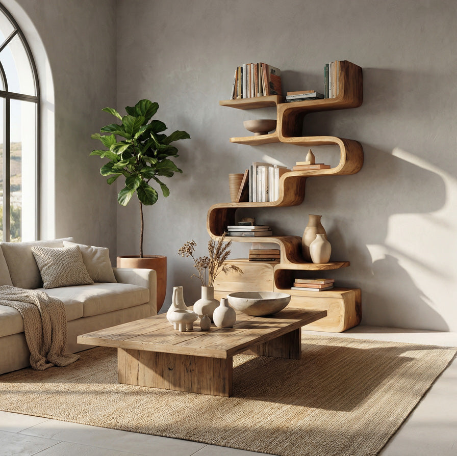 Scandinavian Sculptural Wooden Bookshelf For Living Room