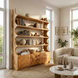 Organic Wooden Bookshelf With Curved Edges For Living Storage