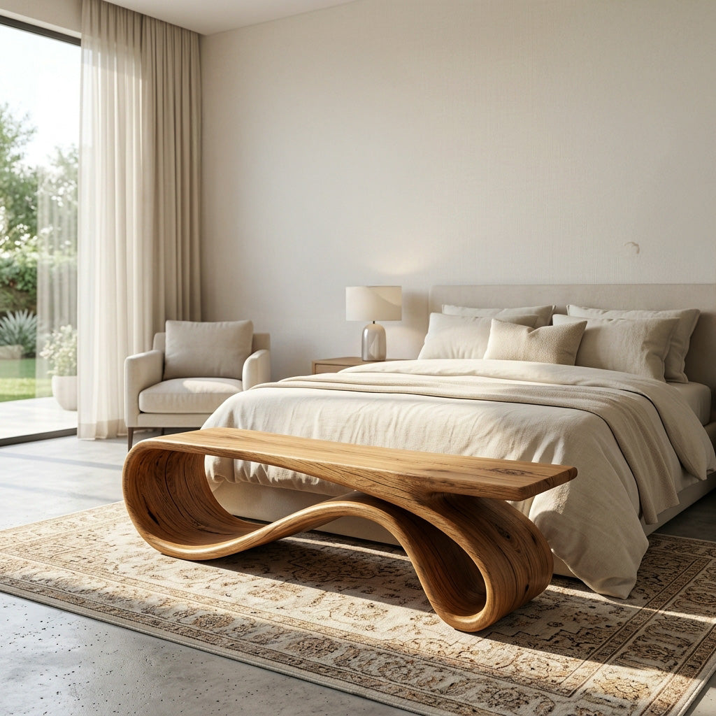 Curved Natural Wood Bench For Contemporary Living Room Decor