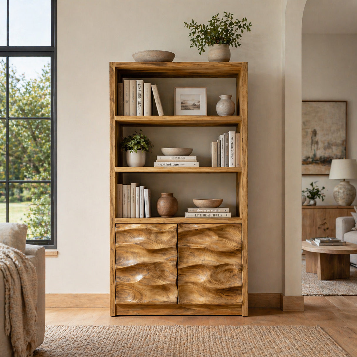 Minimal Wooden Bookshelf With Wavy Drawer Front For Home