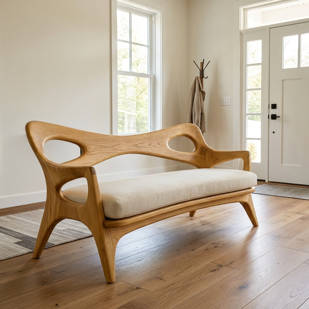 Wooden Sofa With Curved Sculptural Backrest For Living Room