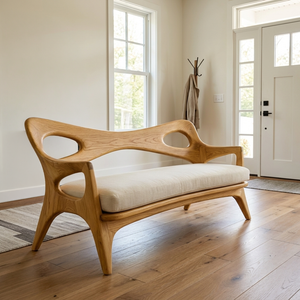 Wooden Sofa With Curved Sculptural Backrest For Living Room