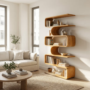Handcrafted Wooden Bookshelf With Sculpture Edges For Living Room