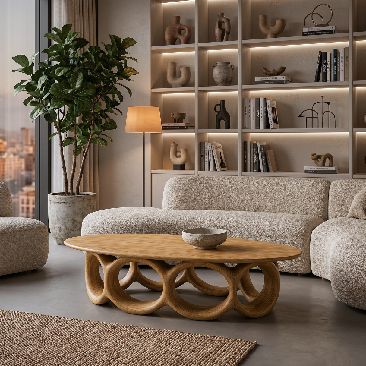Modern Oval Coffee Table With Sculptural Hollow Base For Living