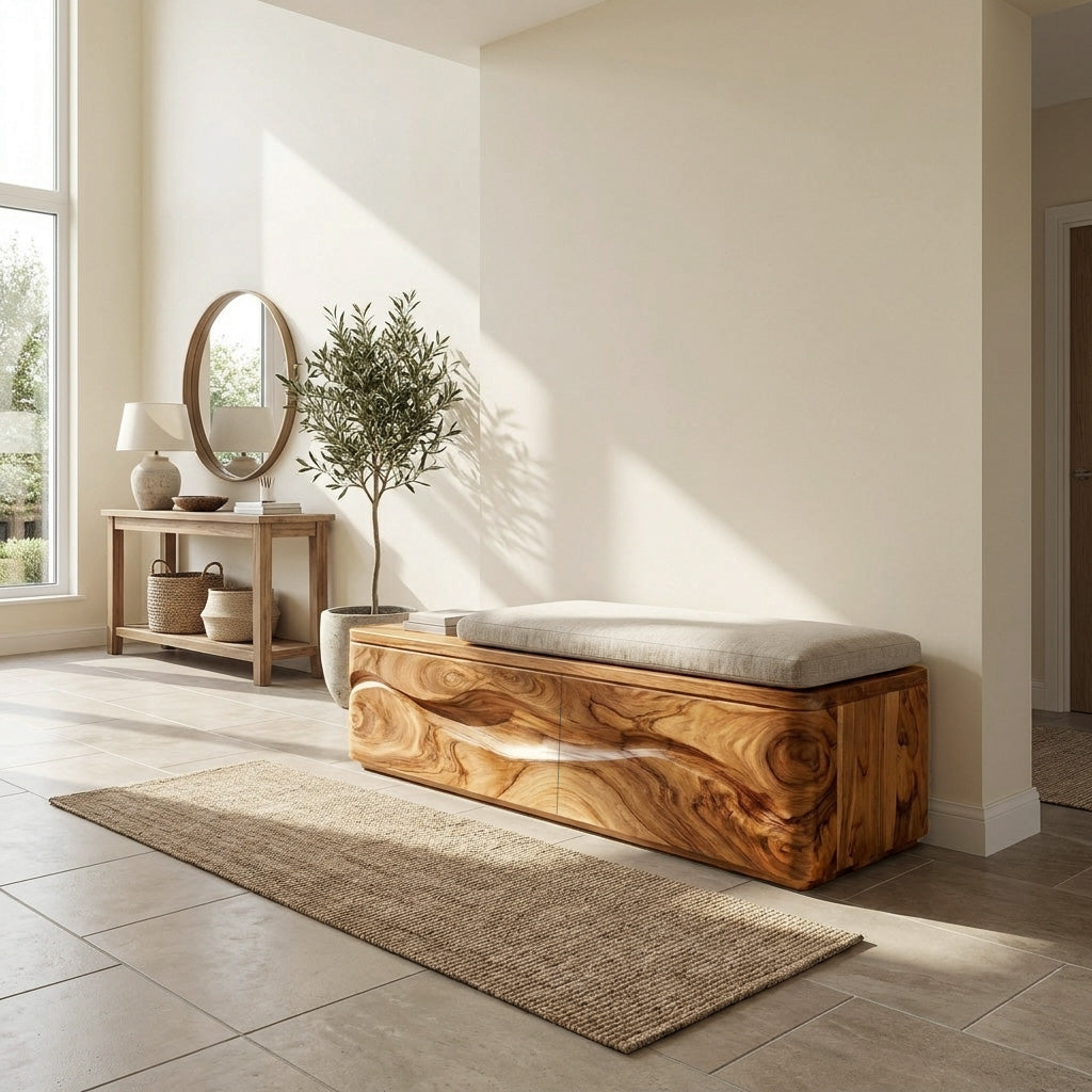 Modern Natural Wood Storage Bench For End Of Bed