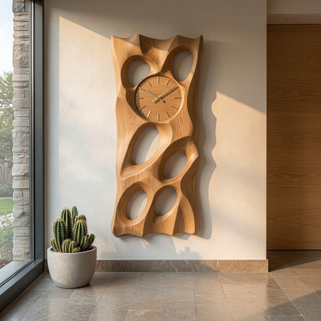Wooden Wall Clock With Openwork Design For Living Room