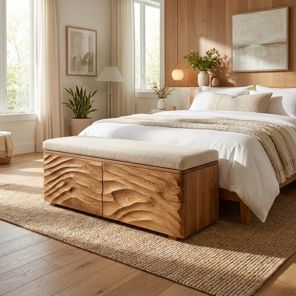 Minimal Wooden Storage Bench For Bedroom Foot Area